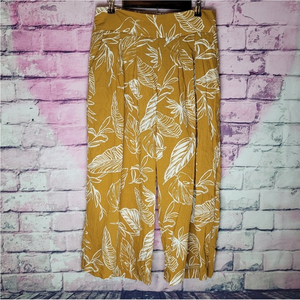 POLAGRAM MUSTARD YELLOW ALLOVER LEAF PRINT WIDE LEG CROP TROUSER PANTS LARGE